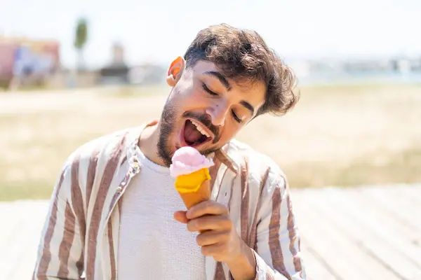 Handsome Arab Man Outdoors Cornet Ice Cream — Stock Photo, Image