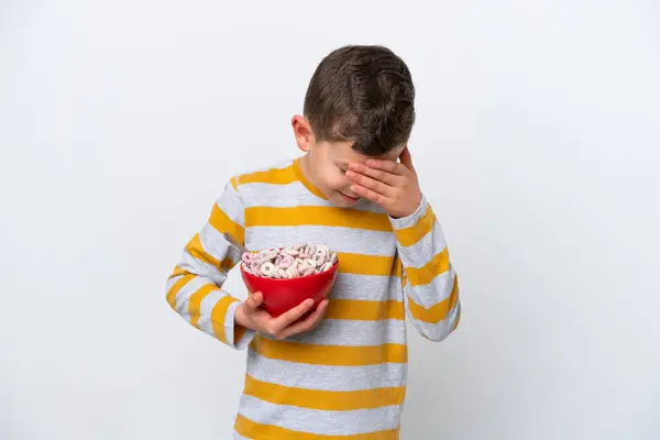 Little Caucasian Boy Holding Cereal Bowl Isolated White Background Laughing — Stock Photo, Image