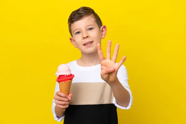 Little Caucasian Boy Cornet Ice Cream Isolated Yellow Background Happy — Stock Photo, Image