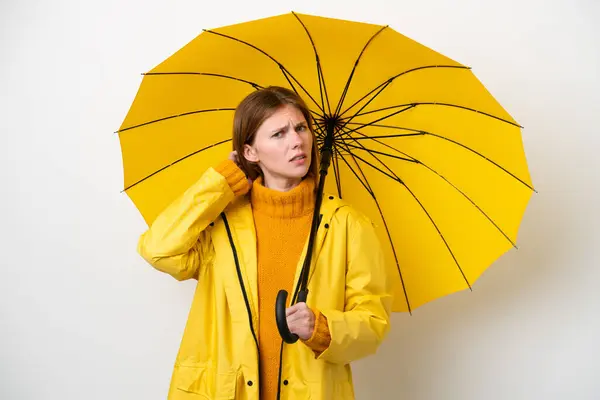 Joven Mujer Inglesa Con Abrigo Impermeable Paraguas Aislado Sobre Fondo Fotos De Stock Sin Royalties Gratis