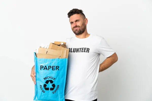 Hombre Caucásico Sosteniendo Una Bolsa Reciclaje Llena Papel Para Reciclar Imagen De Stock
