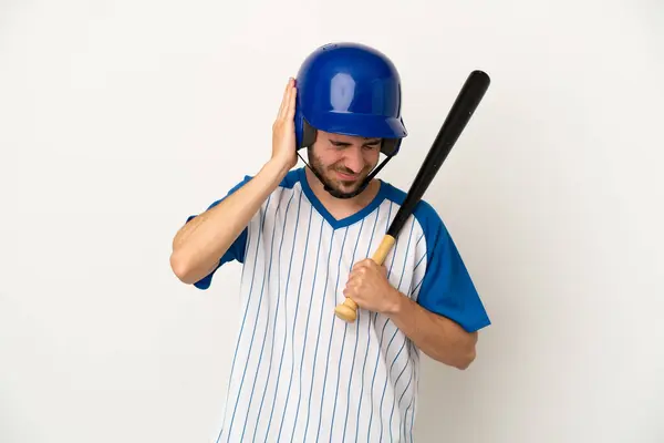 Young Caucasian Man Playing Baseball Isolated White Background Frustrated Covering — Stock Photo, Image