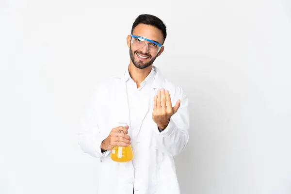 Young Scientific Man Isolated White Background Inviting Come Hand Happy Stock Photo