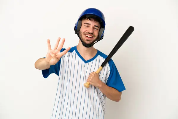 Young Caucasian Man Playing Baseball Isolated White Background Happy Counting Royalty Free Stock Images