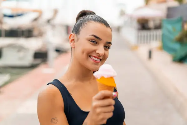 Young Pretty Woman Cornet Ice Cream Outdoors Happy Expression — Stock Photo, Image