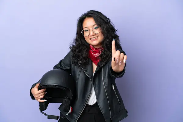 Young Asian Woman Motorcycle Helmet Isolated Purple Background Showing Lifting — Stock Photo, Image