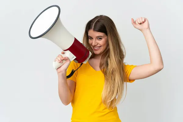 Young Blonde Woman Isolated White Background Shouting Megaphone Announce Something — Stock Photo, Image