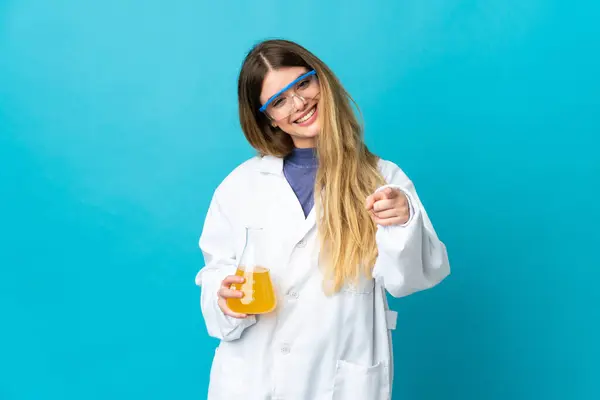 Young Blonde Scientific Woman Isolated Blue Background Pointing Front Happy — Stock Photo, Image