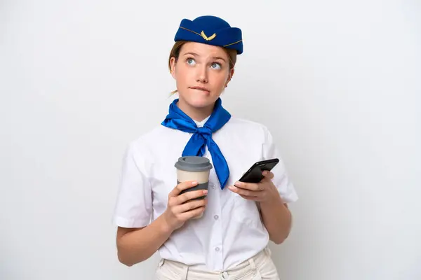 Airplane Stewardess Woman Isolated White Background Holding Coffee Take Away — Stock Photo, Image