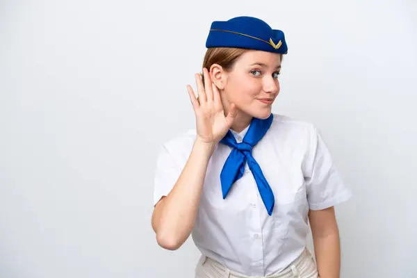 Airplane Stewardess Woman Isolated White Background Listening Something Putting Hand — Stock Photo, Image