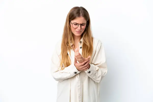 Jonge Blonde Vrouw Geïsoleerd Witte Achtergrond Lijden Aan Pijn Handen — Stockfoto