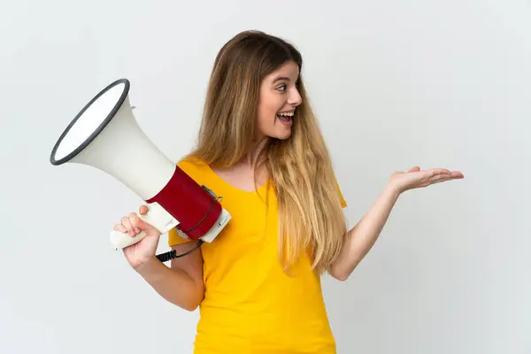 Young Blonde Woman Isolated White Background Holding Megaphone Surprise Facial Stock Image