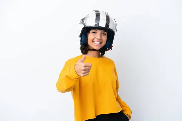 Woman Motorcycle Helmet Thumbs Because Something Good Has Happened — Stock Photo, Image