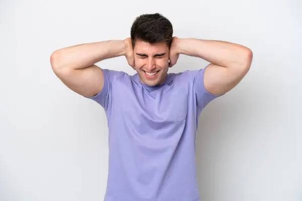 Young Caucasian Man Isolated White Background Frustrated Covering Ears — Stock Photo, Image