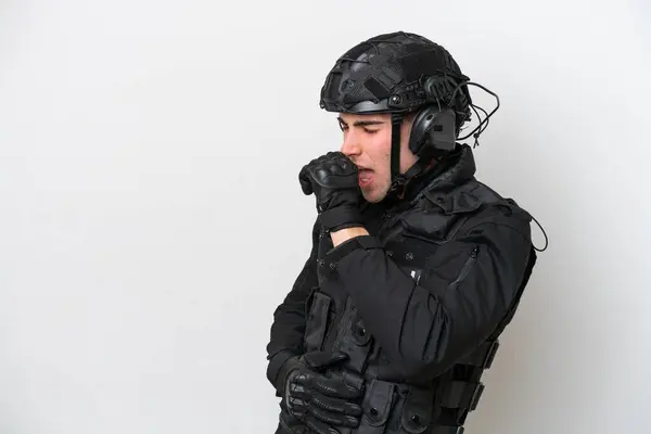 Swat Caucasian Man Isolated White Background Suffering Cough Feeling Bad — Stock Photo, Image