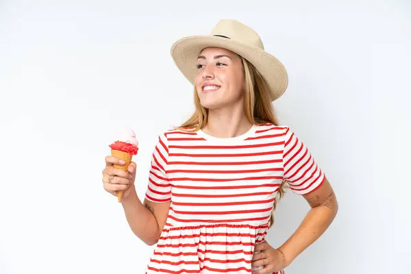 Young Caucasian Woman Holding Cornet Ice Cream Isolated White Background — Stock Photo, Image