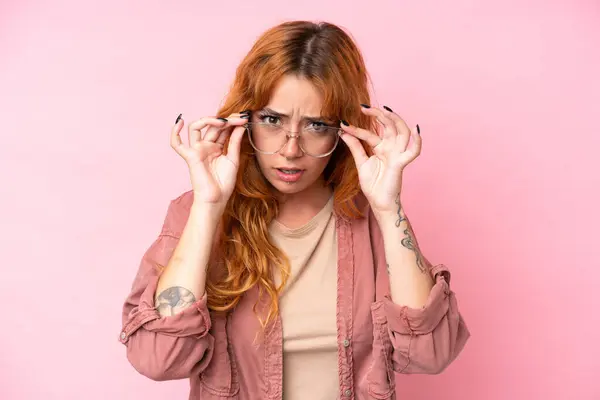 Young Caucasian Woman Isolated Pink Background Glasses Frustrated Expression — Stock fotografie