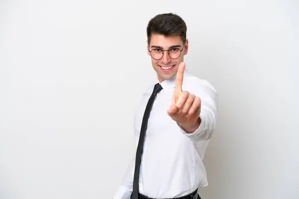 Business Caucasian Man Isolated White Background Showing Lifting Finger Imagen de stock