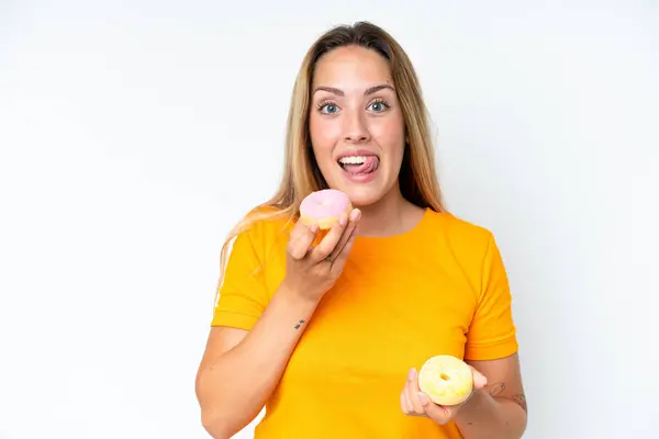 Young Caucasian Woman Isolated White Background Holding Donut Royalty Free Stock Photos