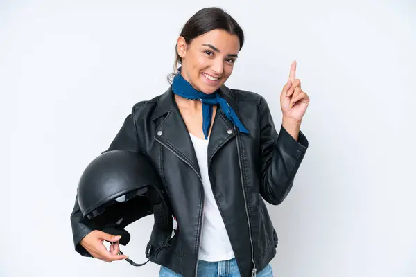 Young Caucasian Woman Motorcycle Helmet Isolated Blue Background Pointing Great Stock Picture