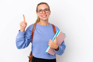 Young student caucasian woman isolated on white background pointing up a great idea