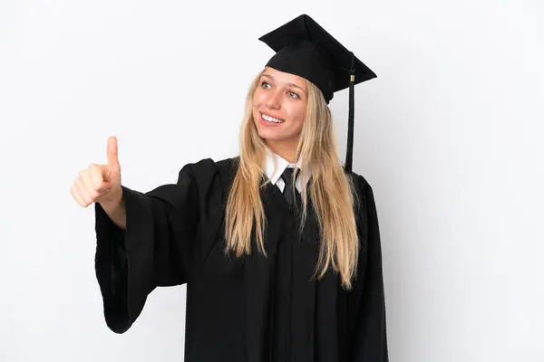 Jovem Universitária Graduada Caucasiana Mulher Isolada Fundo Branco Dando Gesto — Fotografia de Stock