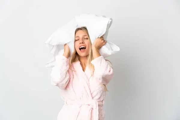 Young Blonde Woman Isolated White Background Pajamas Holding Pillow Stressed Стоковая Картинка
