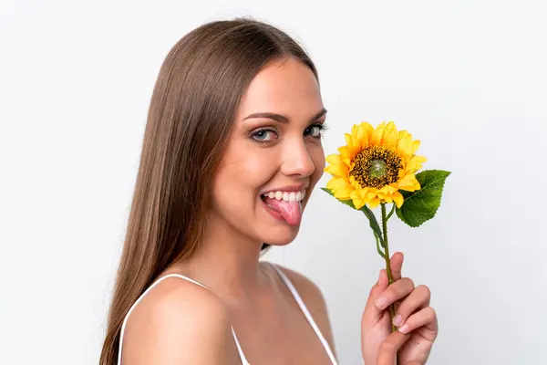 Young Caucasian Woman Isolated White Background Holding Sunflower While Smiling Stock Picture