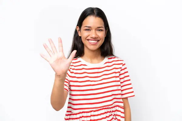 Young Colombian Woman Isolated White Background Counting Five Fingers Stock Picture