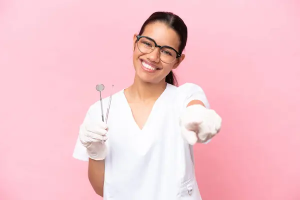 Dentist Colombian Woman Isolated Pink Background Pointing Front Happy Expression Stock Photo