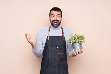 Şok olmuş bir yüz ifadesiyle bir bitkiyi izole edilmiş arka planda tutan adam.
