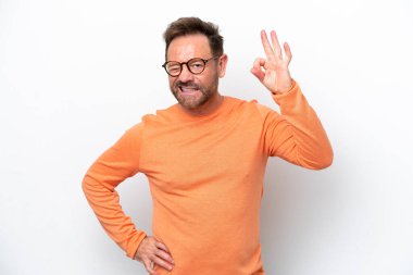 Middle age caucasian man isolated on white background showing ok sign with fingers