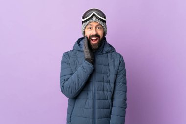 Snowboard gözlüklü kayakçı, mor arka planda, şaşırmış ve şok olmuş bir yüz ifadesi var.