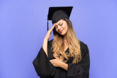 Genç üniversite mezunu Rus kız beyaz arka planda baş ağrısı ile izole edilmiş.