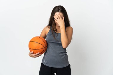 Young woman playing basketball over isolated white background with tired and sick expression