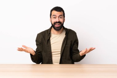 Masada sakallı, yüzünde şok ifadesi olan beyaz bir adam var..