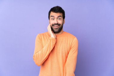 Kafkasyalı yakışıklı bir adam, yalıtılmış mor bir geçmişi var, şaşırmış ve şok olmuş bir yüz ifadesi var.