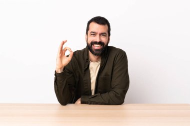 Masada sakallı, beyaz bir adam. Parmaklarıyla 