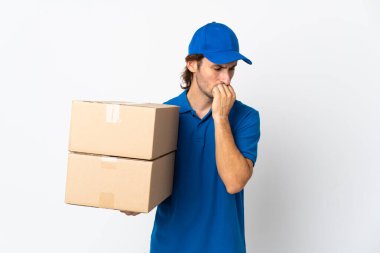 Beyaz arka planda izole edilmiş teslimatçı şüpheleri var.