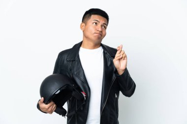 Motosiklet kasklı Ekvator 'lu adam beyaz arka planda izole edilmiş ve şans diliyor.