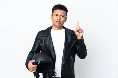 Motosiklet kasklı Ekvator 'lu adam beyaz arka planda izole edilmiş.