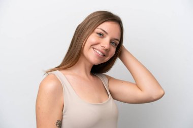 Genç Litvanyalı kadın beyaz arka planda izole edilmiş. Portre