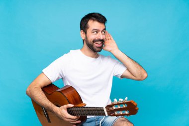 Mavi arka planda gitarı olan genç bir adam kulağına elini sürerek bir şeyler dinliyor.