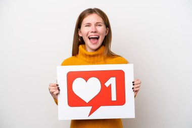 Young English woman isolated on white background holding a placard with Like icon with happy expression clipart