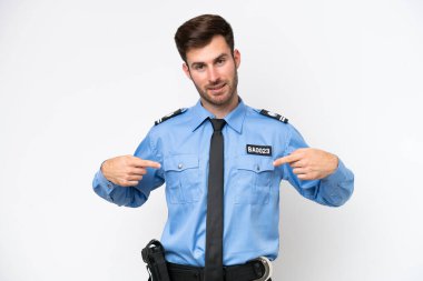 Young police caucasian man isolated on white background proud and self-satisfied