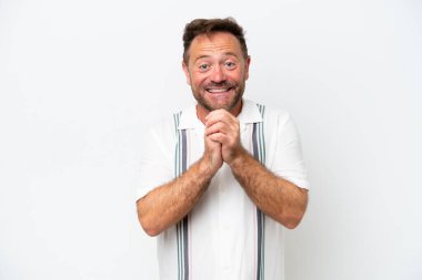 Middle age caucasian man isolated on white background laughing