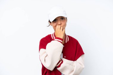 Young hispanic woman wearing a baseball uniform isolated on white background having doubts