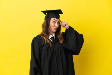 Sarı arka planda izole edilmiş orta yaşlı üniversite mezunu kuşkuları ve kafa karıştırıcı yüz ifadesiyle