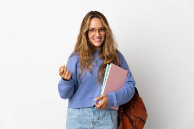 Beyaz arka planda izole genç bir bayan para hareketi yapıyor.