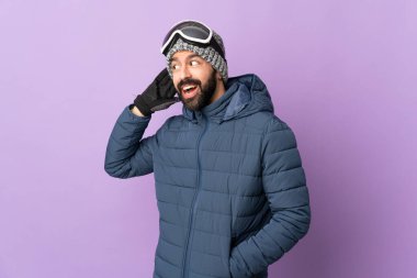İzole edilmiş mor arka planda snowboard gözlüklü kayakçı elini kulağına koyarak bir şeyler dinliyor.